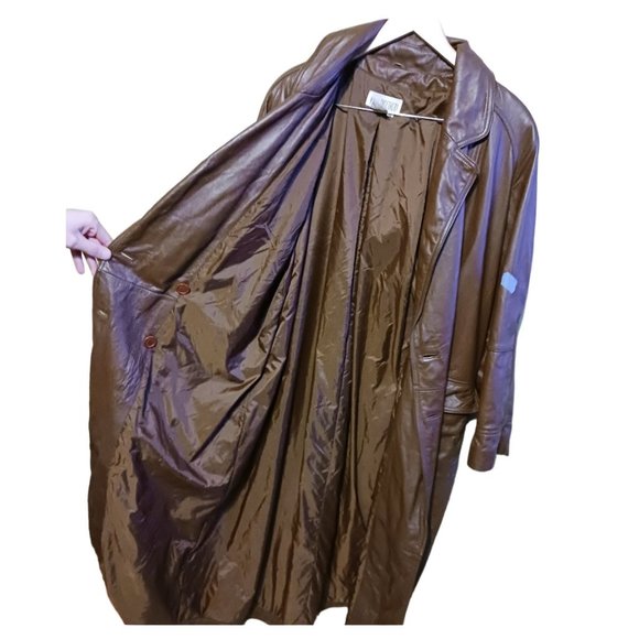 Vintage 80s Together Leather Double Breasted Maxi Trench Coat Brown Womens Sz 16 - Picture 12 of 16
